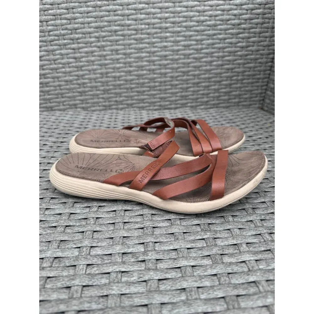 Merrell Duskair Seaway Sandals Slide Open Toe Leather Oak Brown‎ Womens Size 6